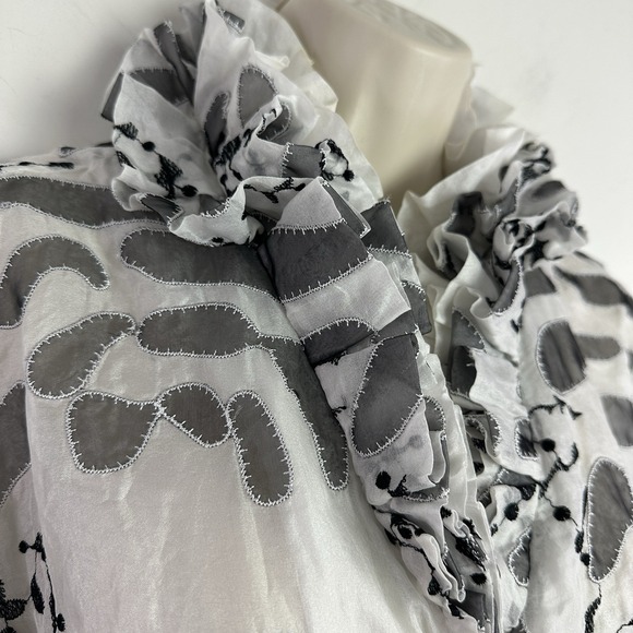 Samuel Dong Blouse Top Womens M Black Floral Silk Sheer Ruffled‎ Bell Whimsigoth - Picture 3 of 12